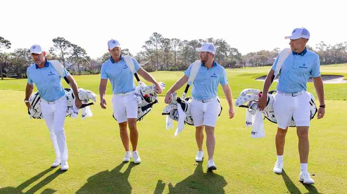 Lee Westwood (left), Henrik Stenson (second from left) and Ian Poulter (right) made their marks in golf before leaving for LIV. Sam Horsfield (second from right) is by far the youngest on the team and staking his future on the Majesticks.